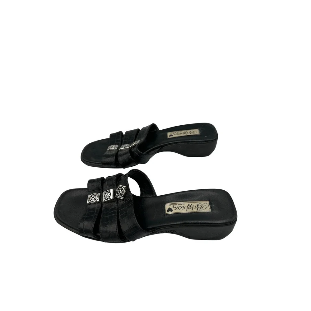 Brighton Sandals Size 8.5M Black Leather Crocodile Embossed Silver Accents Italy